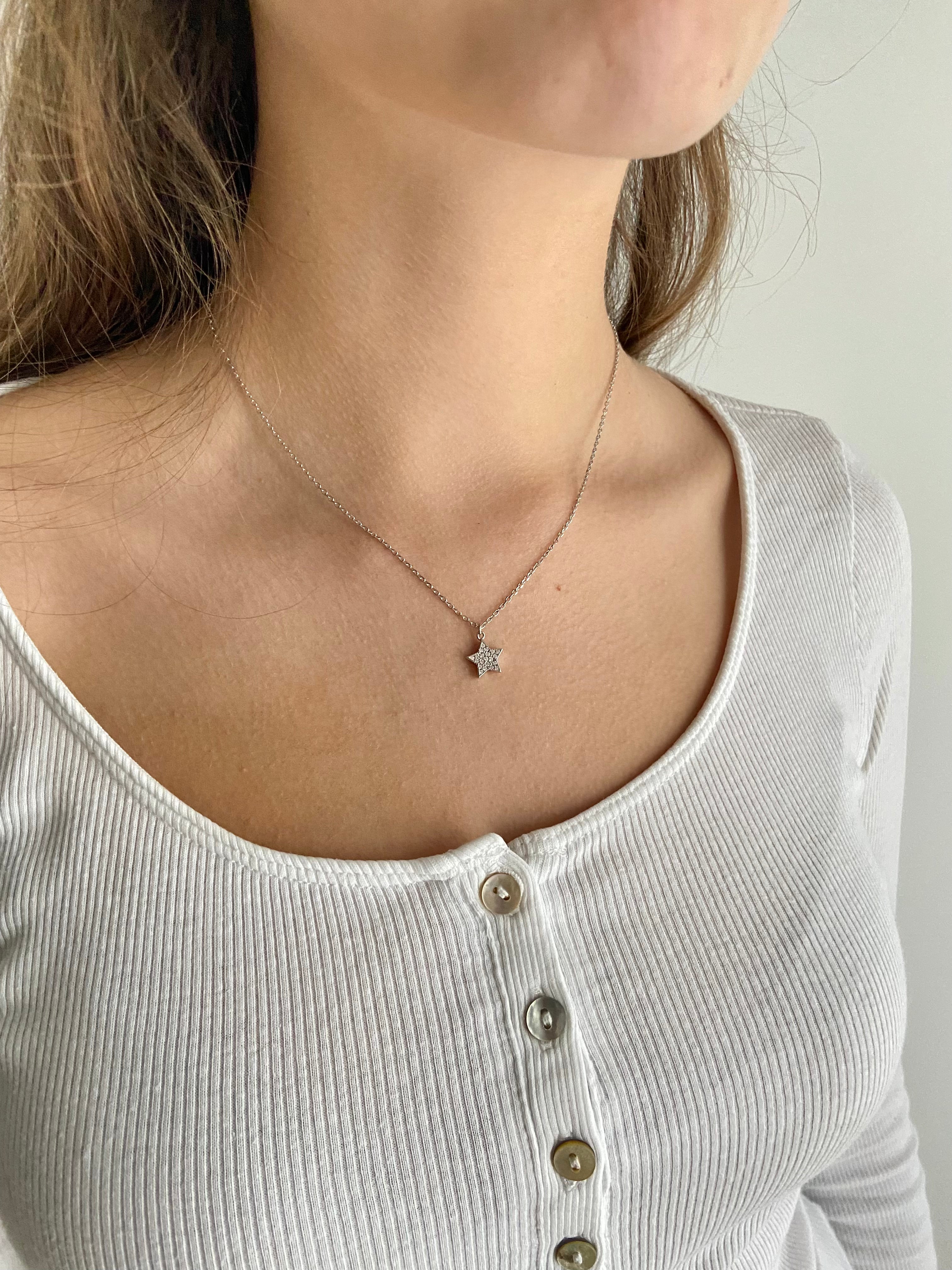 zierliche Halskette mit glitzerndem Sternanhänger, Zirkonia, Silberkette mit Anhänger