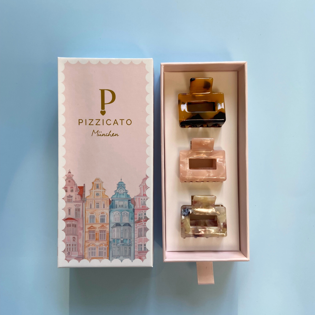 Geschenkbox Mini Minimalist mit 3 Haarklammern in Champagne Rose, Leo Dark und Seashell von Pizzicato München