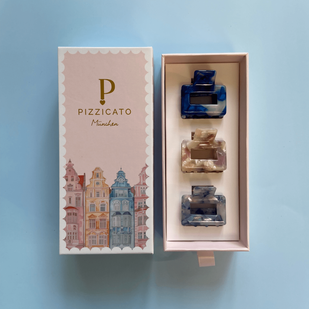 Geschenkbox Mini Minimalist mit 3 Haarklammern in Seashell, Ocean Blue und Sky von Pizzicato München