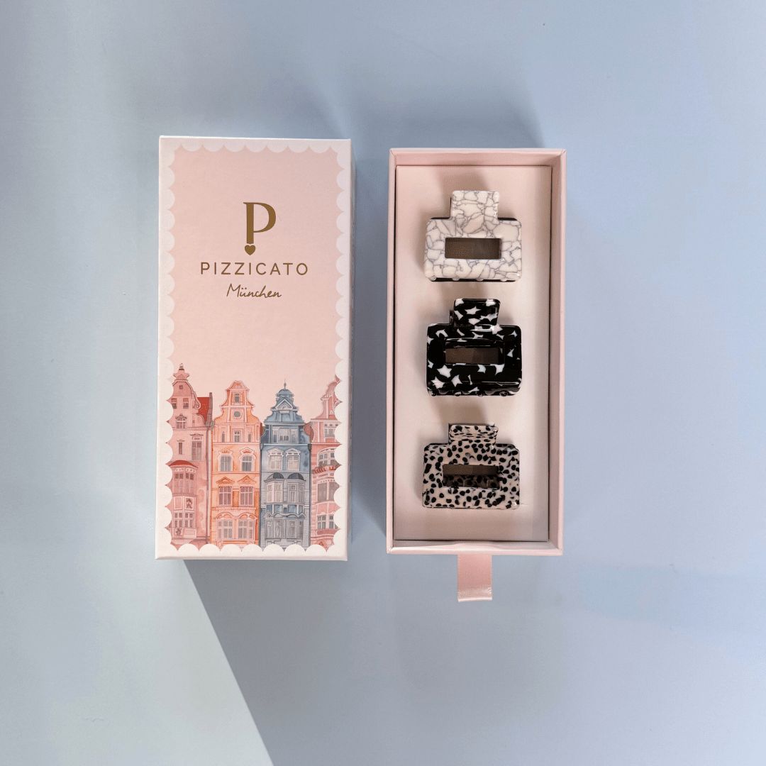 Geschenkbox Mini Minimalist mit drei Haarklammern in Sugarwhite, Black Star und Chia Black von Pizzicato