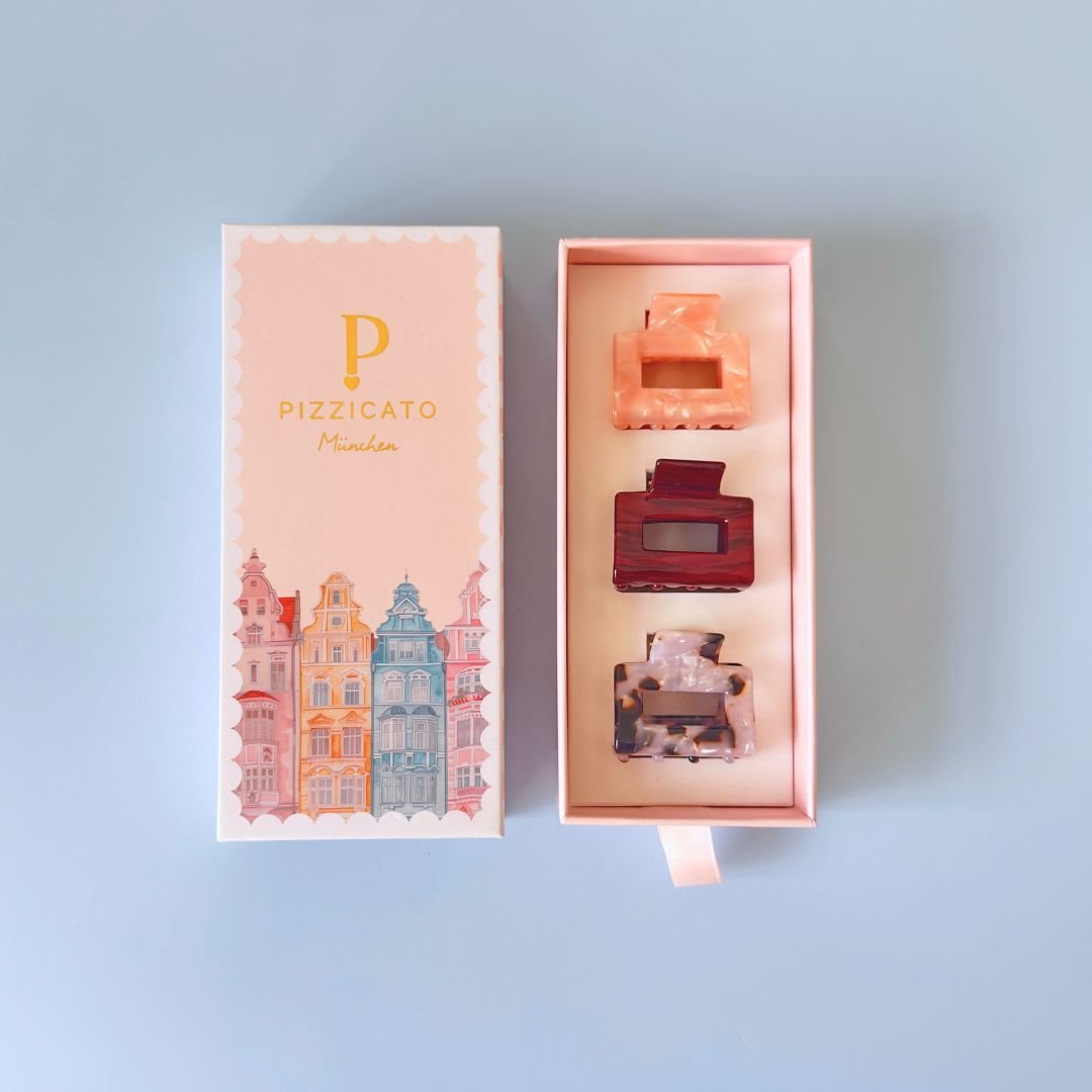 Geschenkbox Mini Minimalist mit 3 Haarklammern in Burgundy, Leo White und Champagne Rose von Pizzicato München