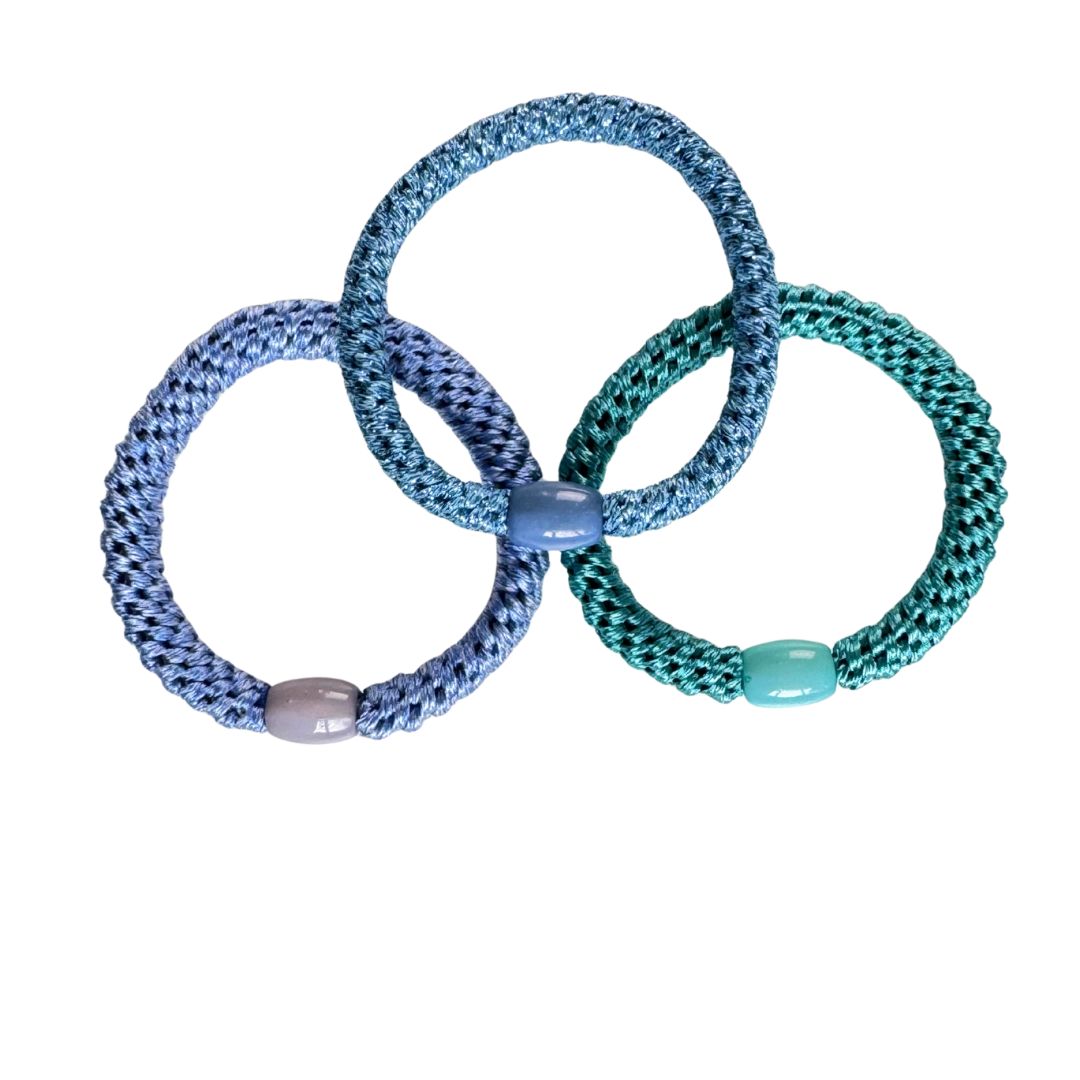 Pizzicato geflochtene Haargummis im 3er Set in Jeansblau, Petrol, Jeansblau glitzernd