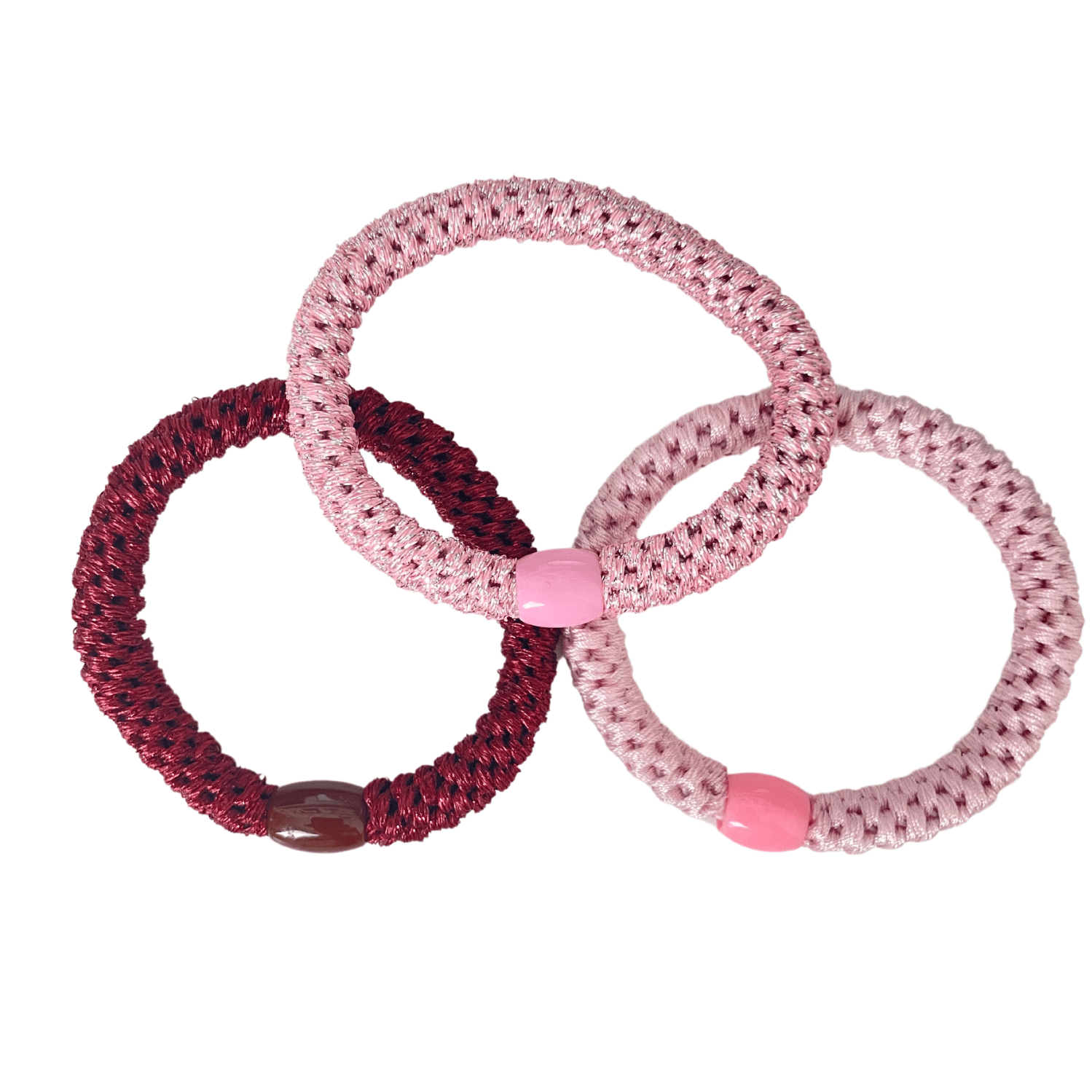 Geflochtenes Haargummi im 3er Set in Weinrot / Hellrosa dusty / Rosa Silber glitzernd