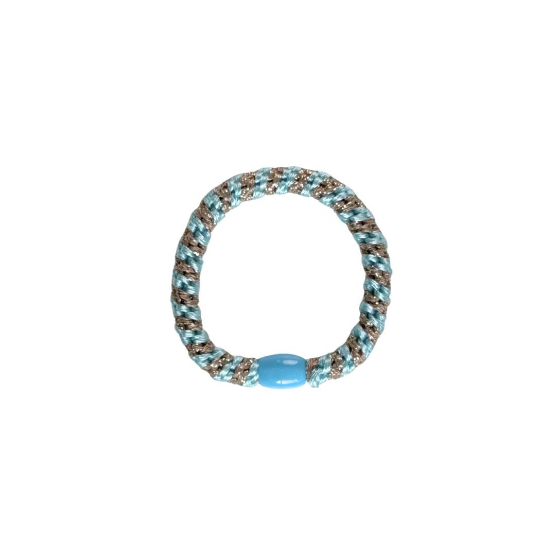 Braided hair ties in a set of 3 in light blue, gray, gray and gold stripes