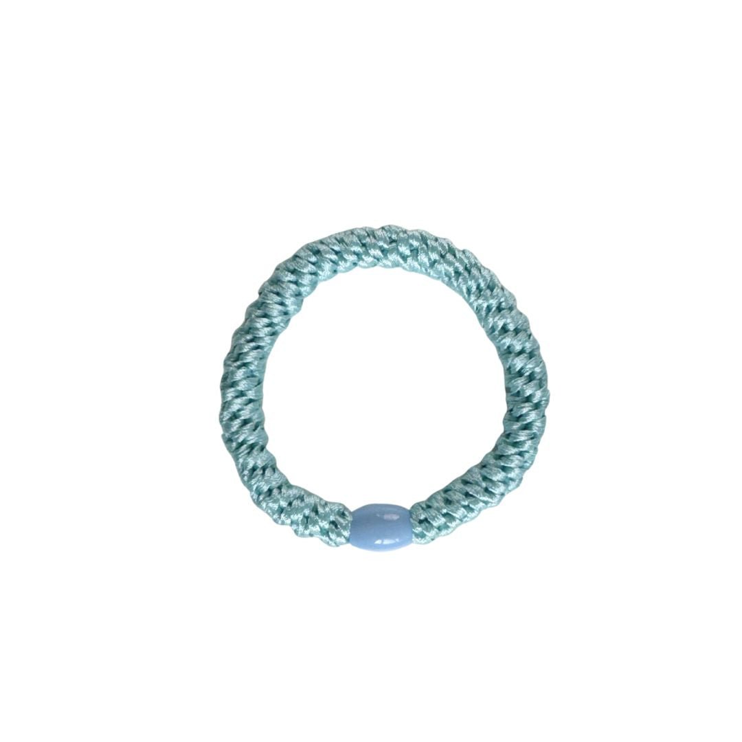 Braided hair ties in a set of 3 in light blue, gray, gray and gold stripes