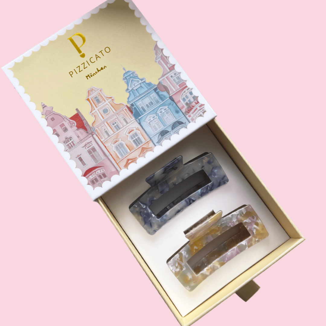 Geschenkbox Minimalist Medium mit zwei Haarklammern in Sky und Lilac Honey aus Cellulose Acetat für mittellanges oder feines Haar