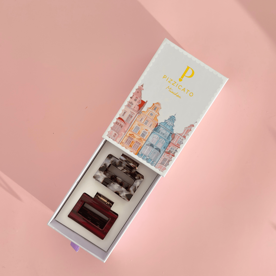 Pizzicato - Haarklammern - Geschenkbox Minimalist Small, Burgundy & Leo White - GB_Min_Bur_S