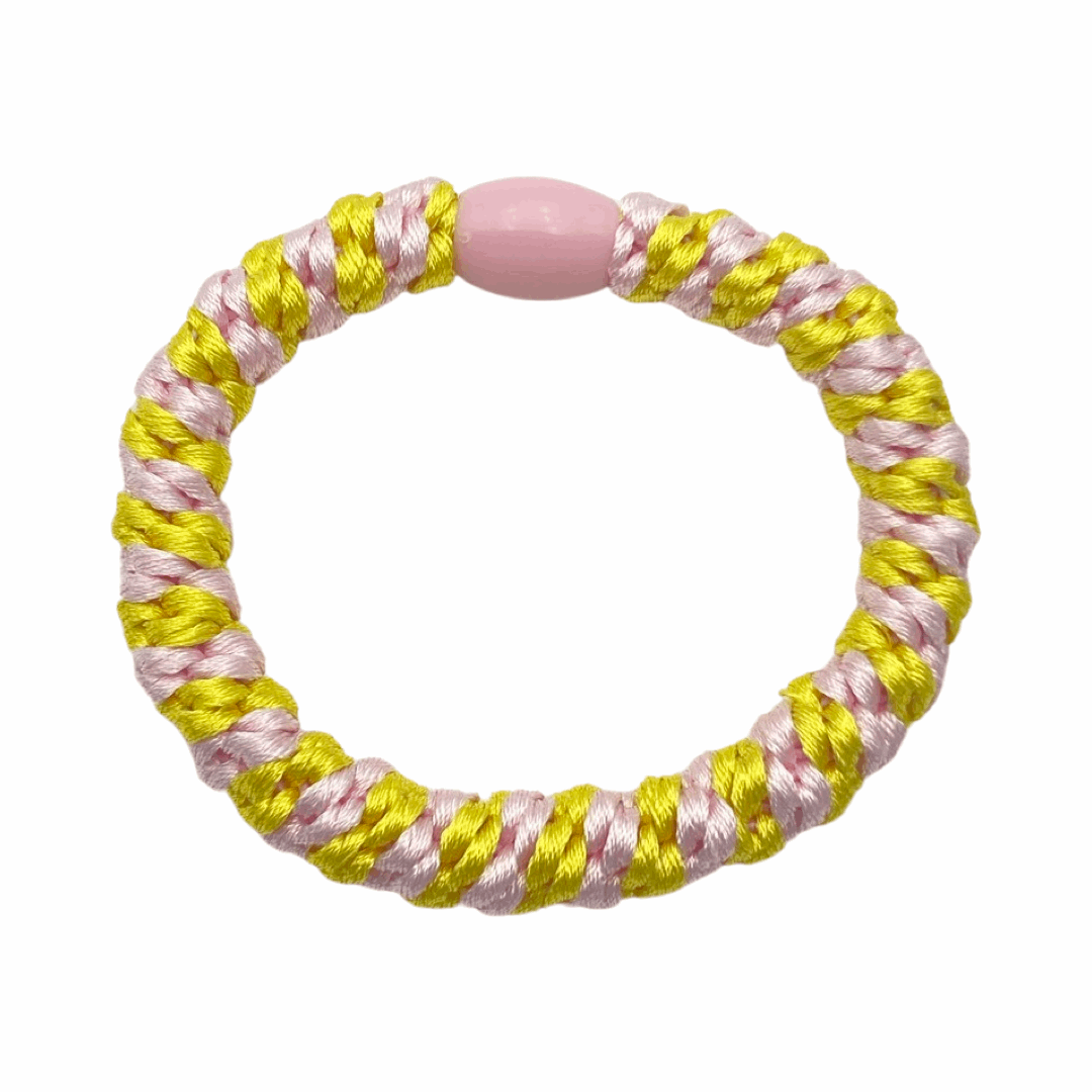 Geflochtenes Haargummi und Armband  in Gelb/Rosa gestreift