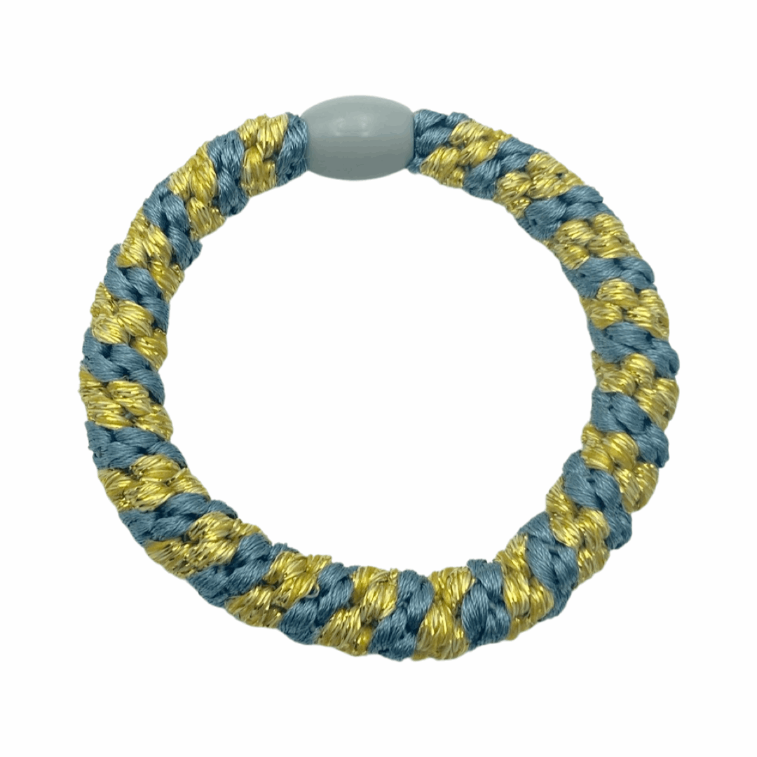 Geflochtenes HaargummiGraublau/Gold glitzernd gestreift und Armband in Graublau/Gold gestreift