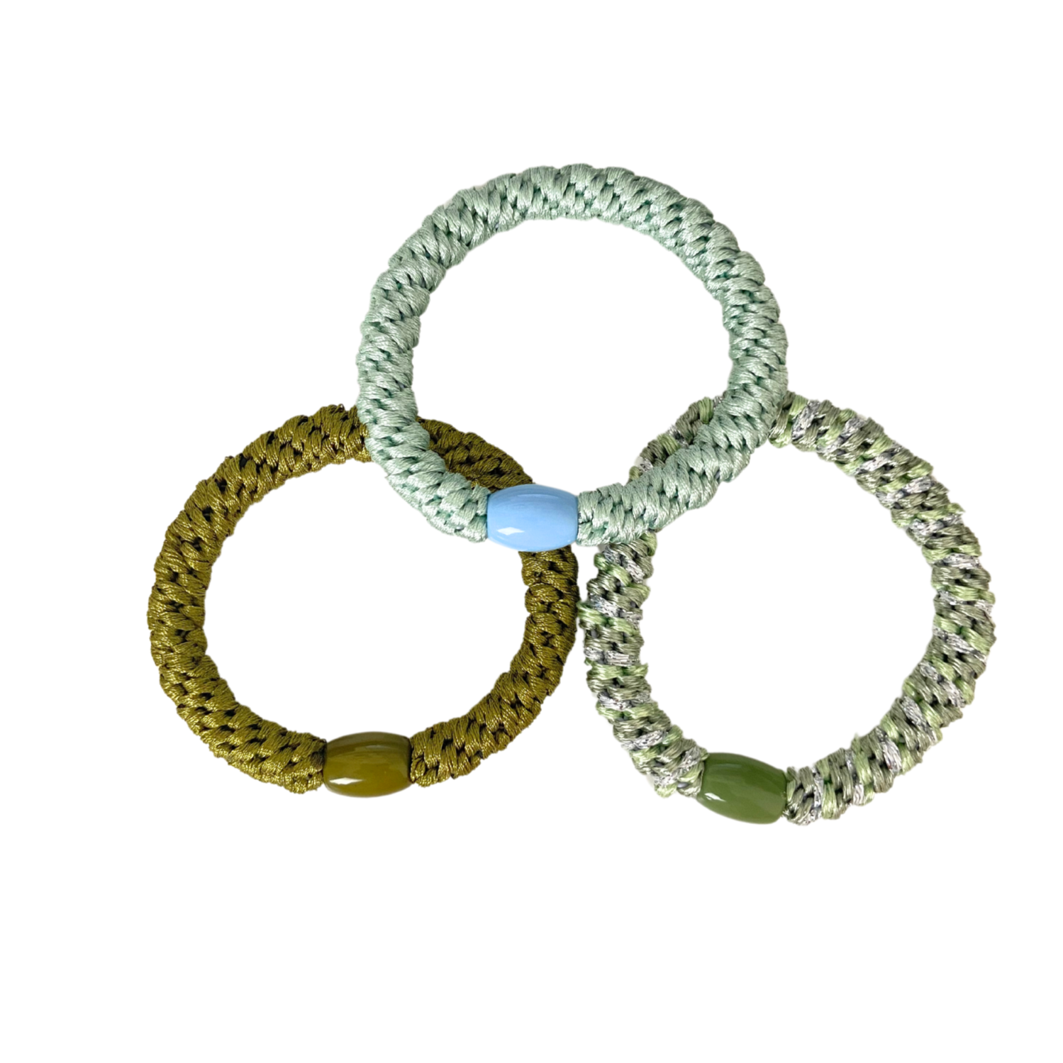 Braided hair ties in a set of 3 in apple green, petrol, dark blue-glittering