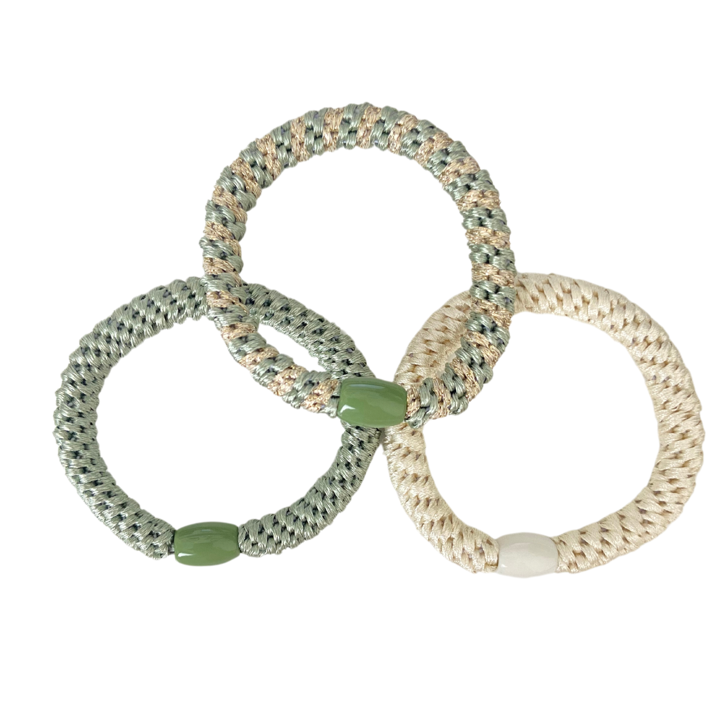 Braided hair ties in a set of 3 in apple green, petrol, dark blue-glittering