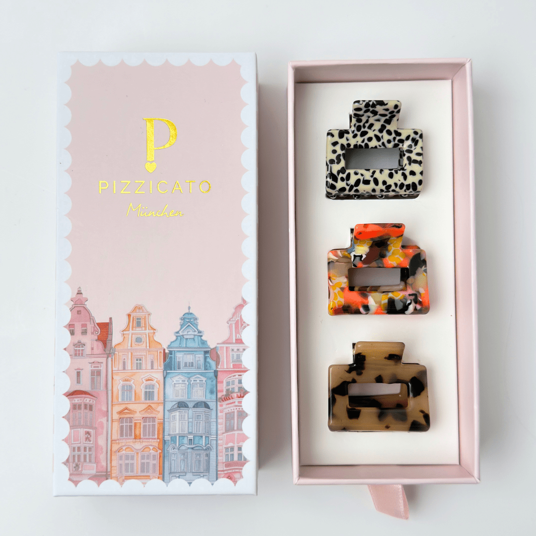 Geschenkbox Mini Minimalist mit drei Haarklammern in Leo Light, Leo Neon Orange und Chia Black von Pizzicato