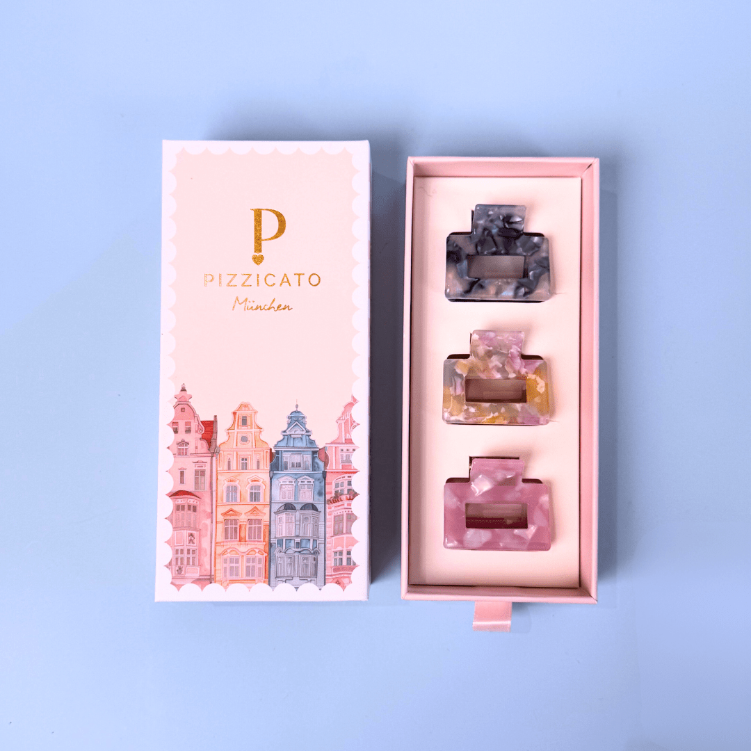 Geschenkbox Mini Minimalist mit drei Haarklammern in Sky, Lilac Honey und Frosted Rose von Pizzicato