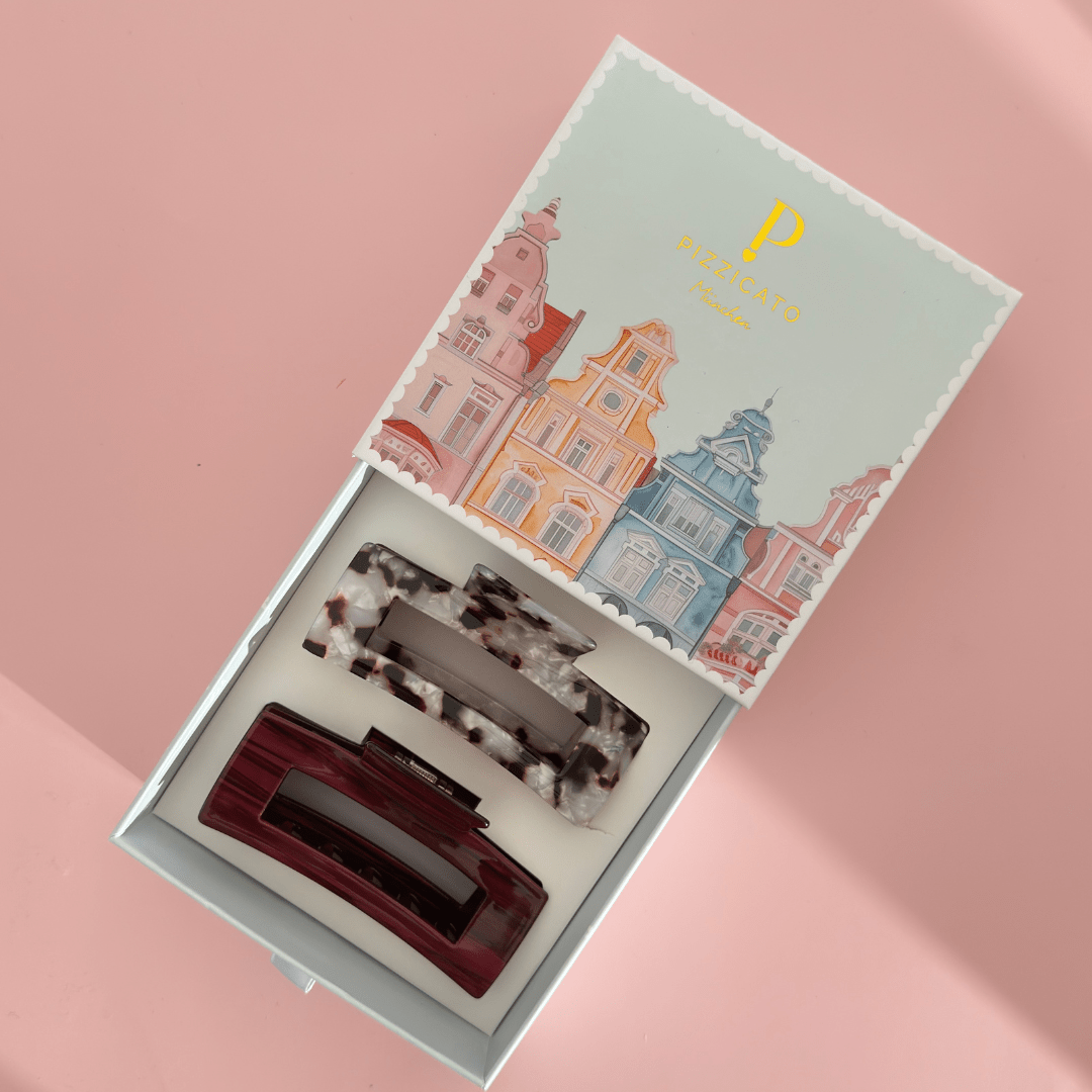 Pizzicato - Haarklammern - Geschenkbox Minimalist Large, Burgundy &amp; Leo White - GB_Min_Bur_L