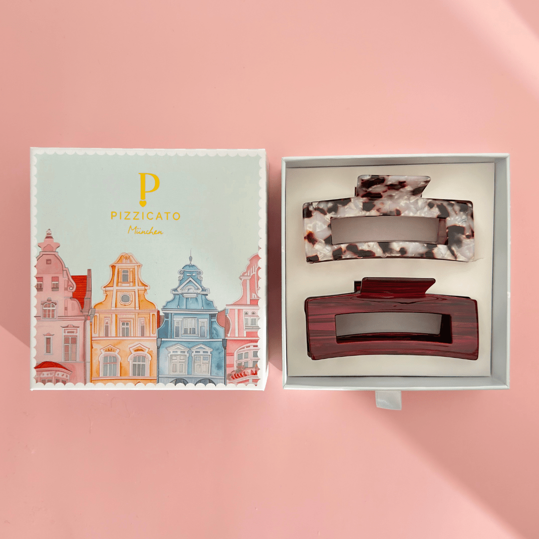 Pizzicato - Haarklammern - Geschenkbox Minimalist Large, Burgundy &amp; Leo White - GB_Min_Bur_L